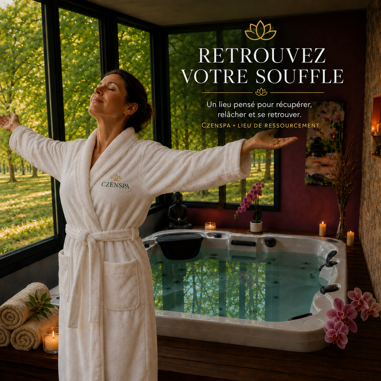 Femme en peignoir CZENSPA dans un lieu de ressourcement en Tarn-Et-Garonne, devant le spa privatif et la forêt