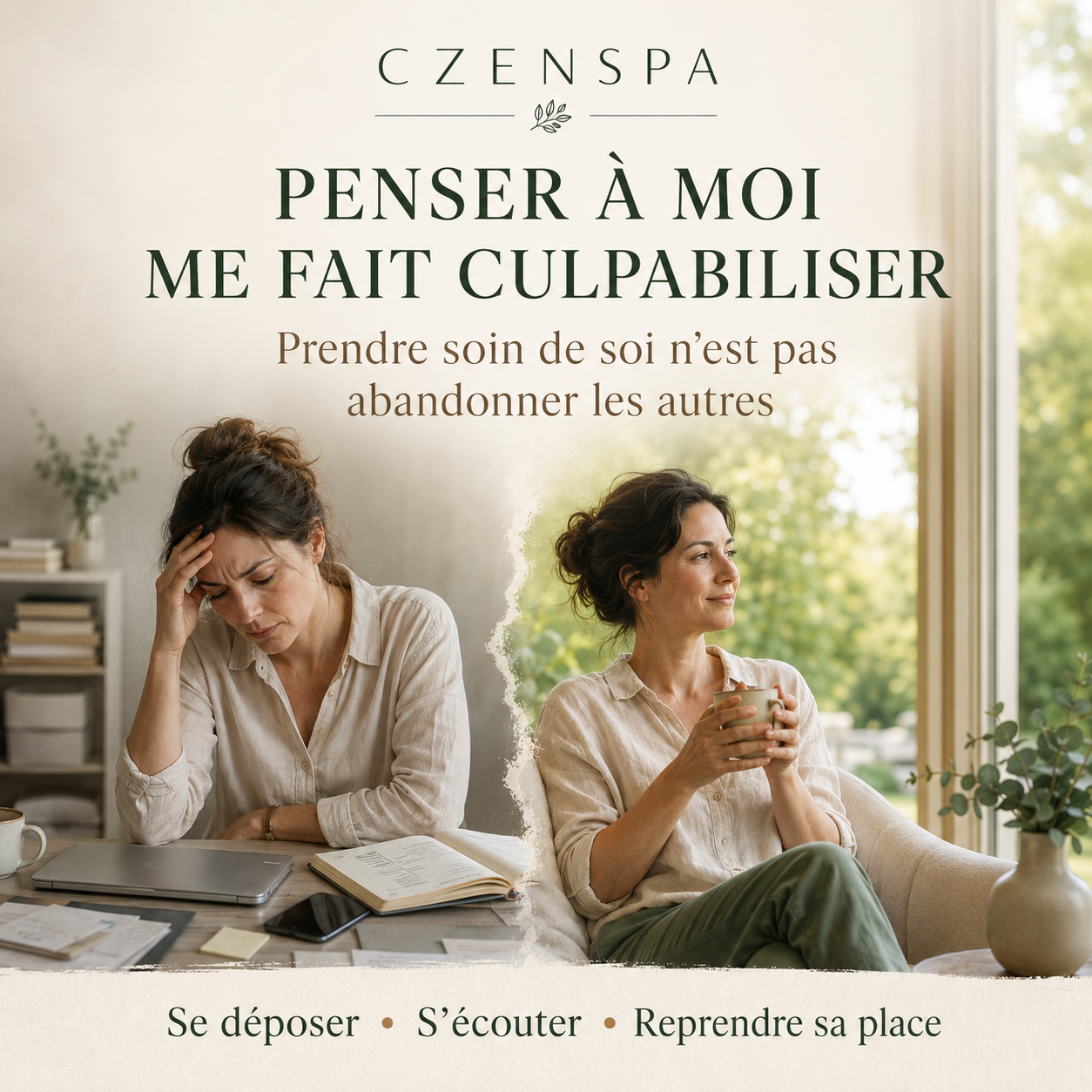 Femme surchargée qui s'accorde enfin du temps pour elle avec CZENSPA