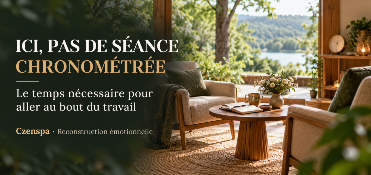 Des fauteuils dans un lieu de ressourcement en pleine nature, avec le message : "Ici, pas de séance chronométrée-e temps nécessaire pour aller au bout du travail"