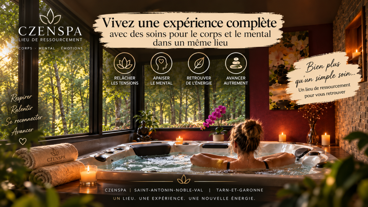 Spa privatif CZENSPA à Saint-Antonin-Noble-Val, lieu de ressourcement proposant des soins pour le corps, le mental et les émotions.