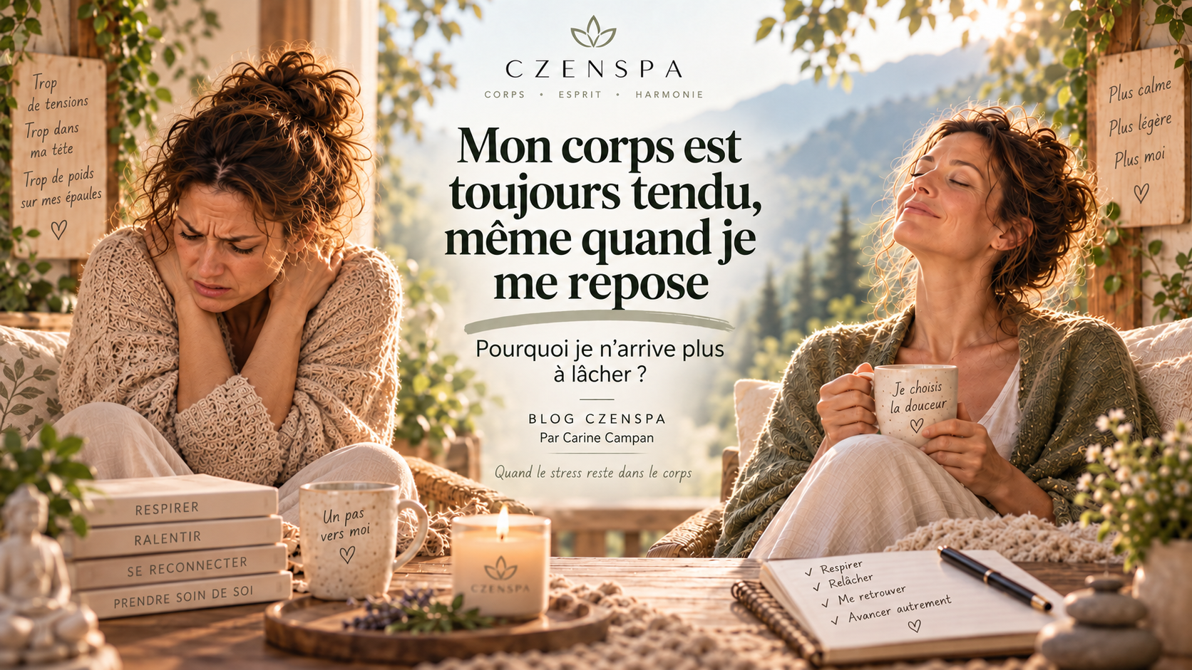 Femme avec nuque et épaules tendues illustrant les tensions corporelles et la difficulté à se détendre – CZENSPA