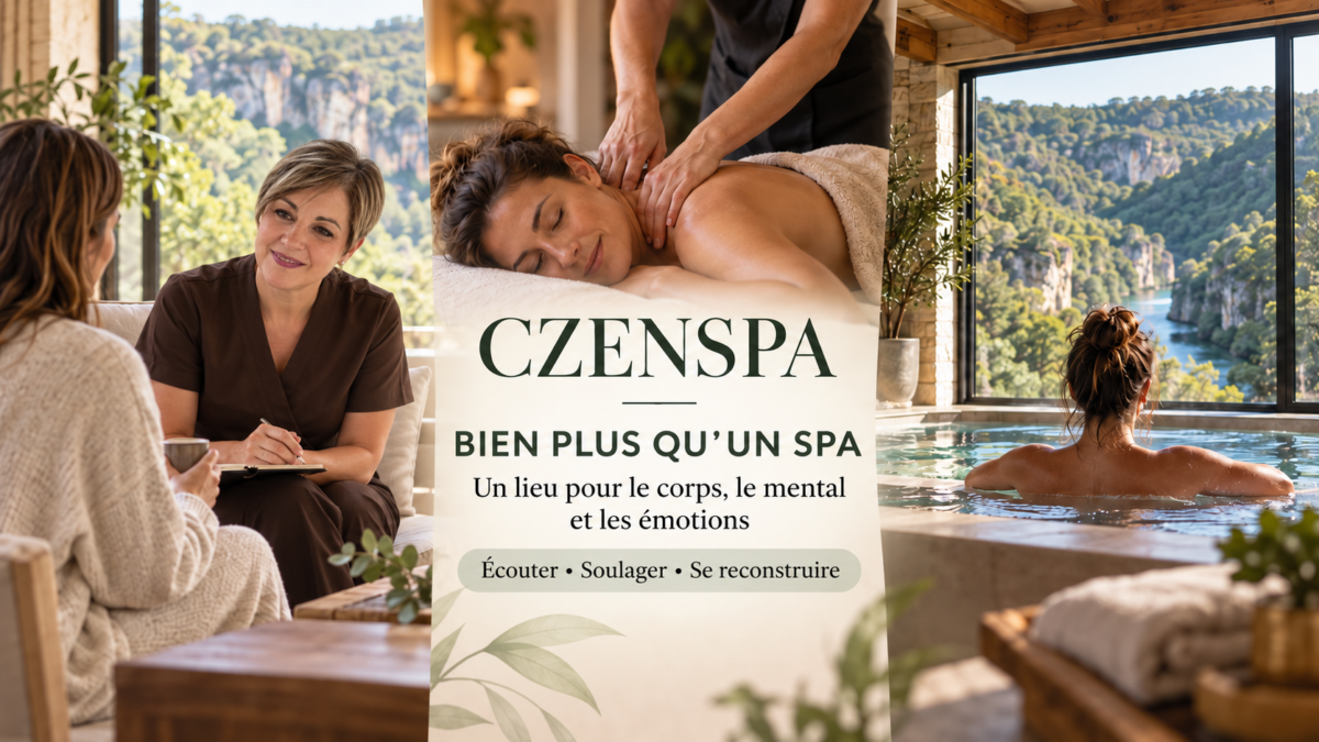 Carine accompagne une cliente dans le lieu de ressourcement CZENSPA avec massage sur mesure et spa privatif