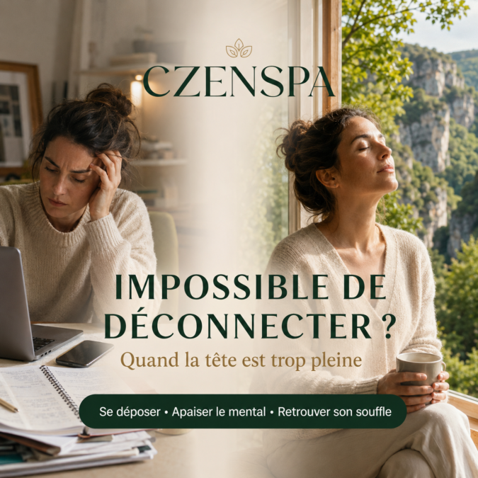 Femme au mental surchargé qui retrouve le calme dans un espace de ressourcement CZENSPA