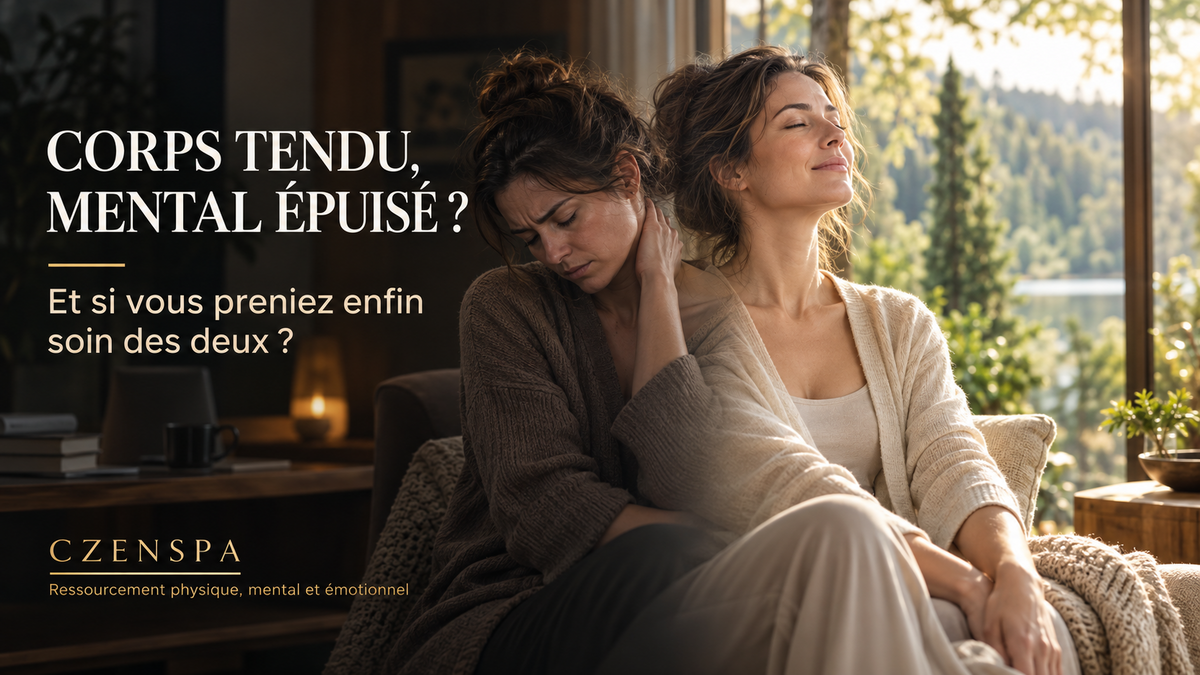 Femme partagée entre tensions corporelles et surcharge mentale illustrant le lien entre corps et mental