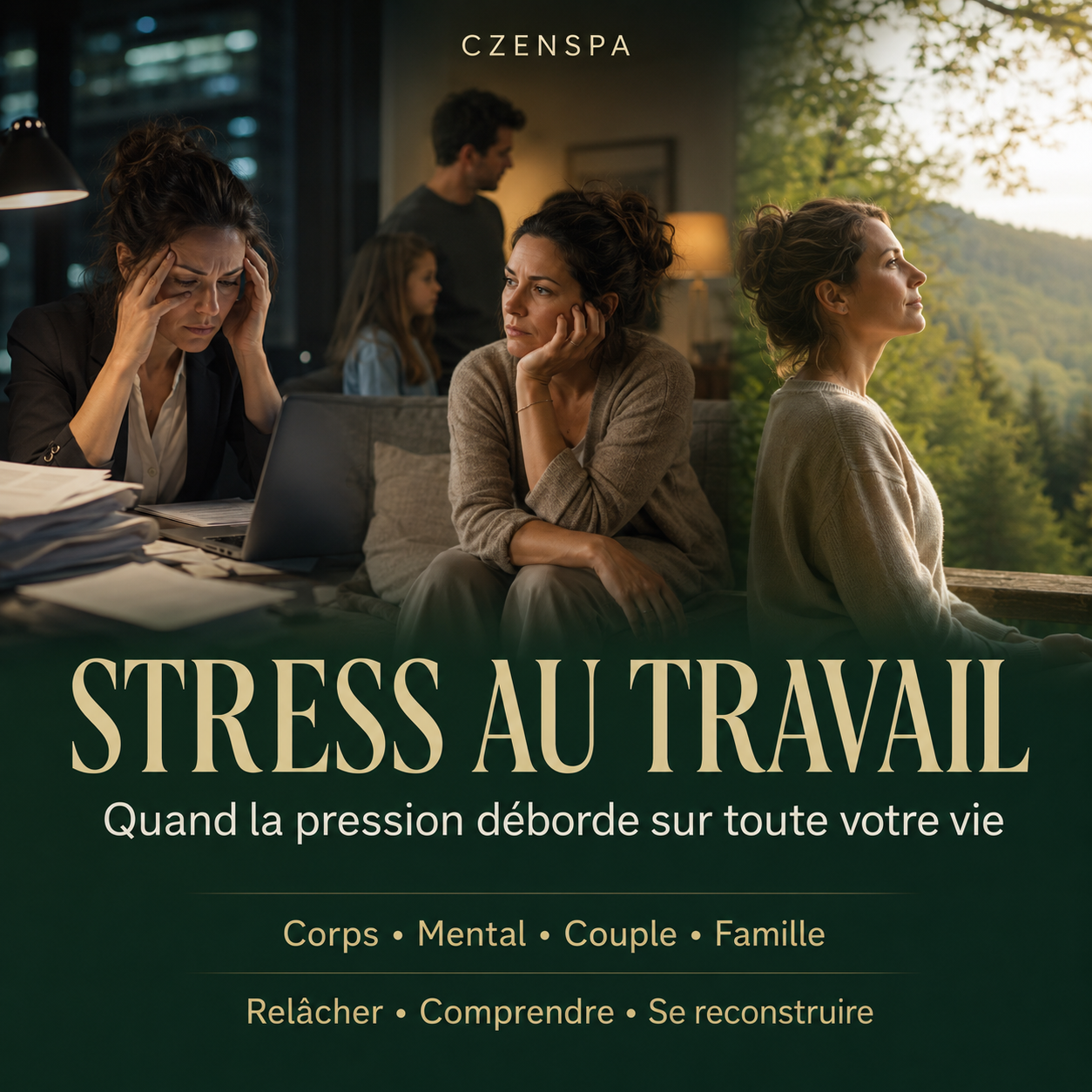 femme subissant le stress au travail et ses répercussions sur sa vie familiale avant de retrouver l'apaisement