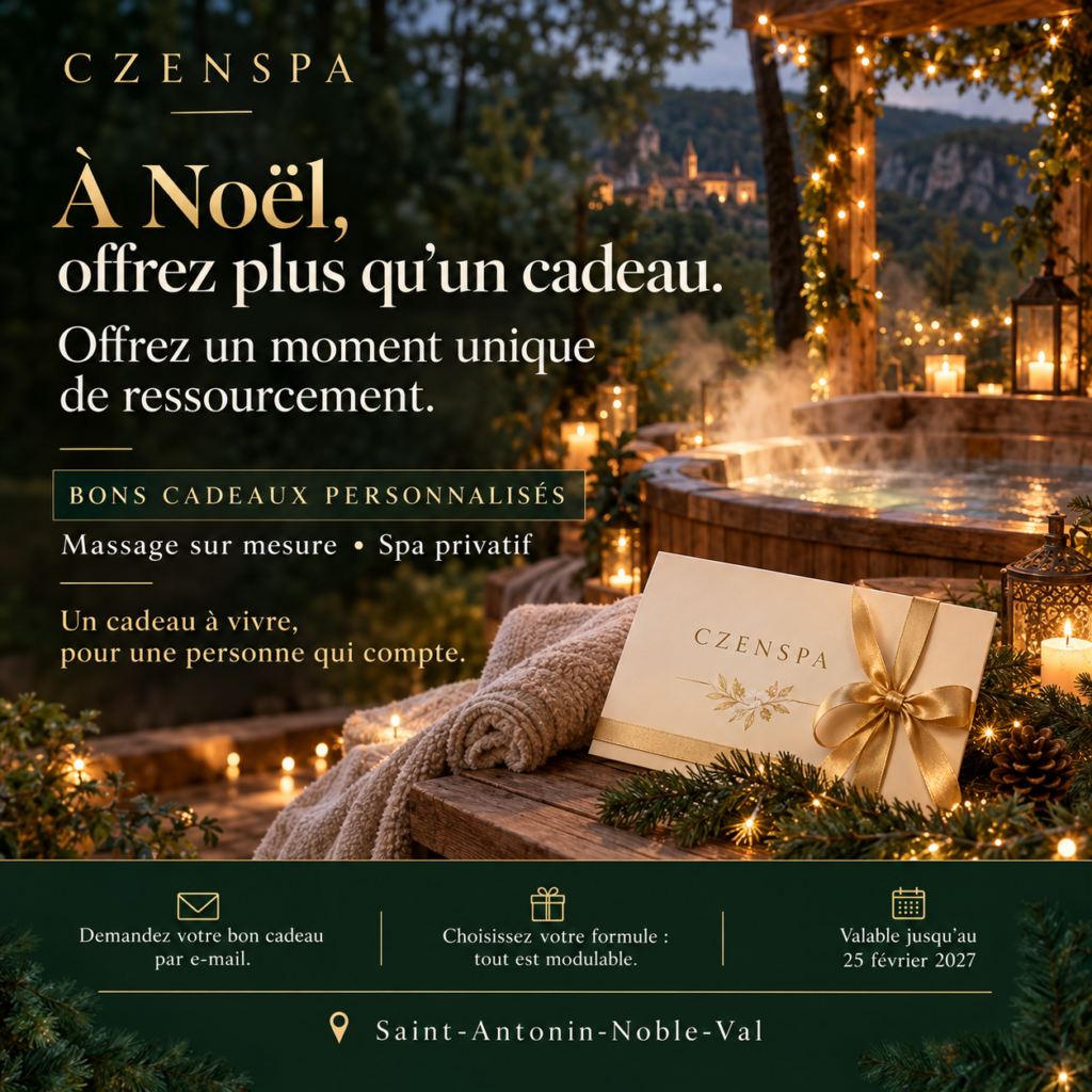 Visuel de Noël CZENSPA dans les tons vert profond et doré, illustrant un spa extérieur fumant, des lumières chaleureuses et une carte cadeau ornée d’un ruban. Une invitation à offrir un massage sur mesure et un moment de spa privatif à Saint-Antonin-Noble-Val, dans le Tarn-et-Garonne. Les bons cadeaux personnalisés se demandent par e-mail, en choisissant la formule souhaitée.